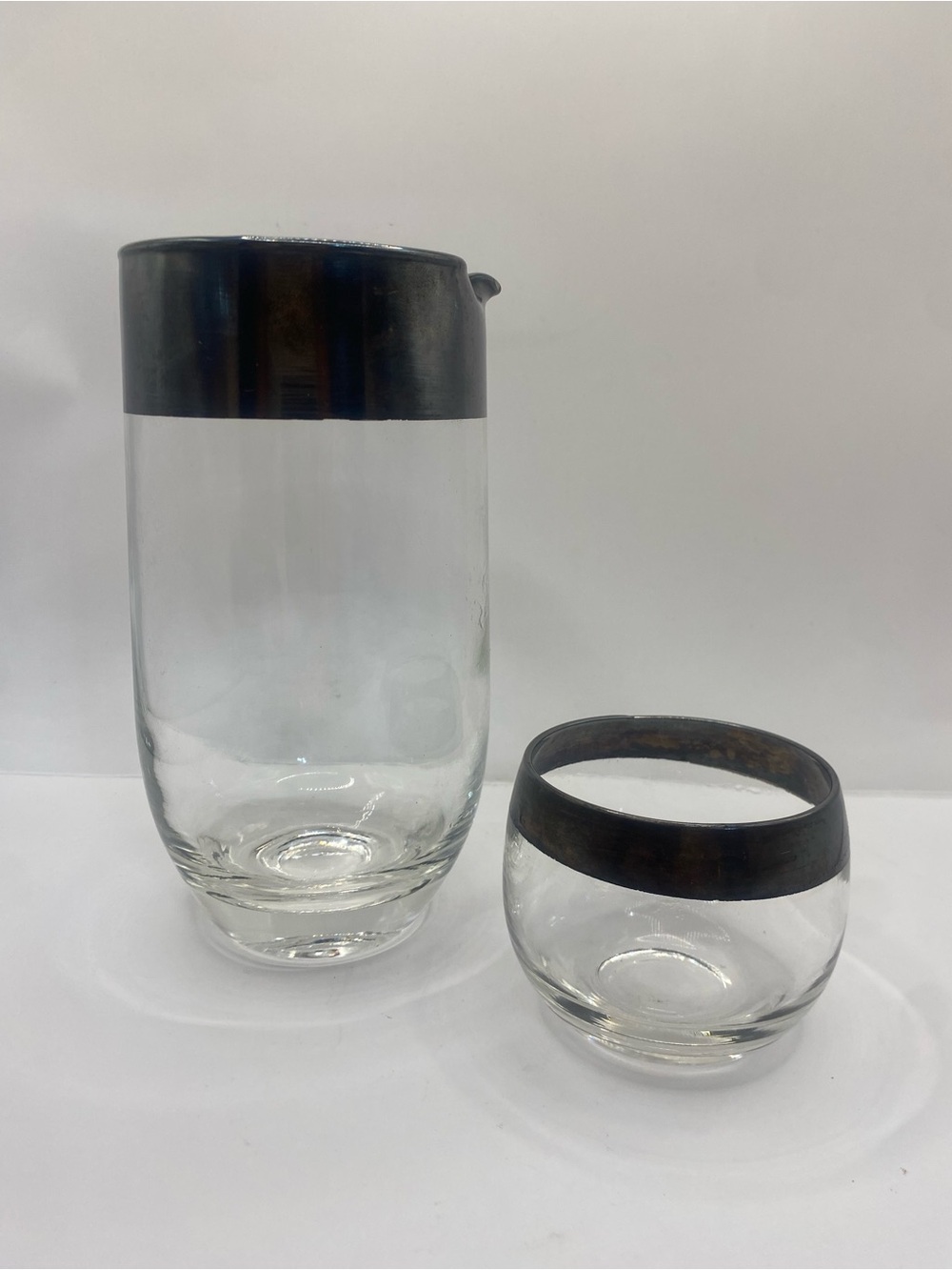 Vintage Dorothy Thorpe Silver Crystal Cocktail Pitcher & Roly Poly Glass